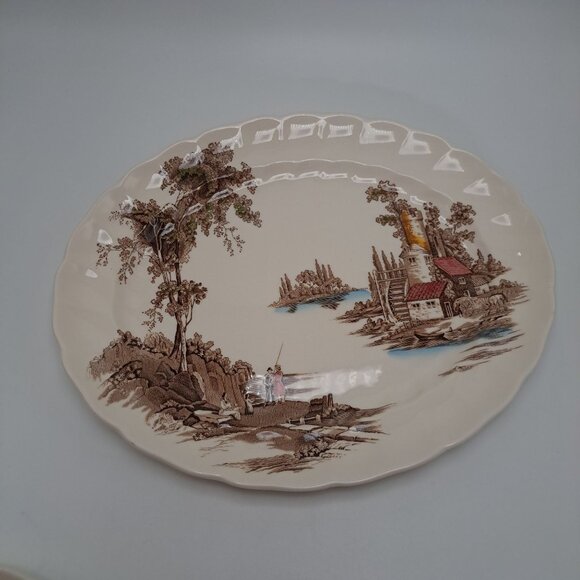 Vintage Johnson Brothers The Old Mill Oval Serving Platter  Brown & Blue - Picture 1 of 9